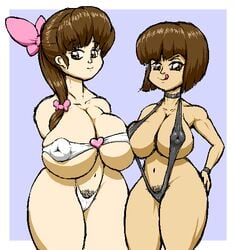 2girls angelauxes brown_eyes brown_hair choker erection_under_clothes female huge_breasts kasumi_tendo large_breasts licking_lips long_hair multiple_girls nabiki_tendo pubic_hair ranma_1/2 sling_bikini smile solo