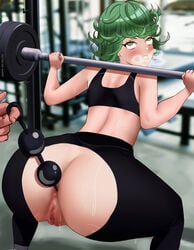 1girls ahe_gao anal_beads anm20 anus ass barbell bare bare_shoulders censored female female_only from_behind green_hair gym mosaic_censoring one-punch_man pussy sex_toy solo solo_female sports_bra sportswear squatting sweat tatsumaki torn_clothes torn_pants