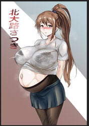 arms_behind_back big_breasts blush bra_visible_through_clothes brown_eyes brown_hair female female_only hentai_rat huge_cock ichigo_100_percent kitaoji_satsuki lace-trimmed_bra lactating lactation_through_clothes lactation_without_expressing long_hair looking_at_viewer maternity_pantyhose nipple_bulge pantyhose pleated_skirt ponytail pregnant see-through_clothing shirt_up solo sweatdrop wet_clothes