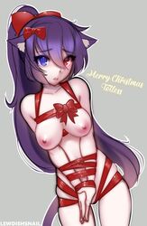 1girls areolae blue_eyes breasts cat_ears cat_tail christmas heterochromia lewdishsnail light-skinned_female light_skin looking_at_viewer nekomimi nipples nude nude_female purple_hair red_eyes ribbons solo solo_female solo_focus totless_(vtuber) tsuki_kimura virtual_youtuber vrchat vrchat_avatar vtuber