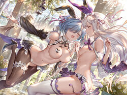 2girls 77gl animal_ears ass bangs bare_shoulders black_legwear blue_hair blush breasts bunny_ears bunny_tail closed_eyes clothing detached_sleeves emilia_(re:zero) erect_nipples erect_nipples_under_clothes fake_animal_ears female flower footwear hair_flower hair_ornament hair_over_one_eye hair_ribbon heart heart_maebari heart_pasties high_heels inverted_costume large_breasts legwear long_hair maebari medium_breasts meme_attire multiple_girls navel nipples open_mouth panties pantyhose pasties pointed_ears purple_ribbon re:zero_kara_hajimeru_isekai_seikatsu rem_(re:zero) reverse_bunnysuit reverse_outfit ribbon shoes short_hair silver_hair smile tail thighhighs thighs white_hair white_legwear wide_sleeves x_hair_ornament