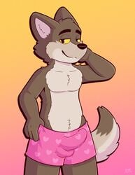 1boy anthro balls bulge canid canine canis clothing digital_media_(artwork) erection fur genitals hair heart_underwear hi_res looking_at_viewer male male/male male_only mammal mr._wolf_(the_bad_guys) penis smile solo standing the_bad_guys underwear wolf wolfyzeeb