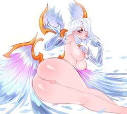 blue_body blue_eyes blush breasts chaos_and_order_series colored dawnbringer_morgana ilewdha large_breasts league_of_legends legs_together lips morgana naked riot_games tagme white_hair wings