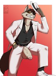 1boy 2021 anthro balls bottomwear canid canine canis clock clothed clothing dreamworks eyewear footwear foreskin genitals glasses hat headgear headwear hi_res male male_only mammal mr._wolf_(the_bad_guys) nelldemon pants penis shirt shoes solo suit the_bad_guys topwear watch wolf wristwatch