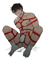 1boy abs bara between_pectorals blush bondage bound bulge cum cum_on_boy cum_on_clothes cum_on_stomach cum_pool full_body fundoshi gag gagged highres japanese_clothes knees_up large_pectorals male male_focus male_underwear muscular muscular_male navel nipples original pectoral_squeeze pectorals red_rope restrained rope shibari short_hair socks solo spread_legs stomach sweatdrop thick_thighs thighs topless_male underwear underwear_only wet wet_clothes wet_male_underwear yukibi_(ykb)