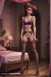 1girls ai_generated artist_name bed bedroom black_thighhighs bra breasts brown_hair cleavage closed_eyes collarbone disney disney_princess earrings eyeshadow facing_viewer full_body garter_belt greek_mythology hercules_(disney) hi_res high_heels indoors jewelry lamp lingerie long_hair makeup medium_breasts megara navel panties panty_pull pillow ponytail progenarts pulled_by_self purple_bra purple_footwear purple_panties pussy smile solo standing thighhighs uncensored underwear underwear_only undressing web_address wooden_floor