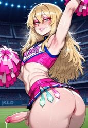 1boy 1femboy abysteel ai_generated alternate_version_available ass balls cheerleader cheerleader_outfit cheerleader_uniform condom condom_belt condoms crossdressing cum erect_penis erection eyeshadow femboy feminine_male filled_condom filled_condoms girly pink_eyeshadow pom_poms skirt solo testicles thick_thighs thighs top topwear trap used_condom used_condoms