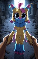 1boy 1girls ai_generated breasts female_focus handholding navel nude pov shark_teeth small_breasts smile smiling smiling_at_viewer teeth tummy yatta_(dandy's_world)