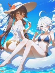 2girls :p absurd_res afloat ahoge ai_generated alternate_costume ass bare_arms bare_legs bare_shoulders barefoot beach bikini bikini_under_clothes black_nails blue_bikini blue_eyes blue_hair blue_nails blue_ribbon blue_sky blush breasts brown_hair brown_headwear cleavage cloud cloudy_sky collarbone cowlick day feet flower flower-shaped_pupils food from_behind full_body furina_(genshin_impact) genshin_impact gold_bikini hair_between_eyes halterneck hat hat_flower heterochromia holding holding_food holding_popsicle hu_tao_(genshin_impact) ice_cream innertube knees_together_feet_apart knees_up legs light_blue_hair long_hair looking_at_viewer looking_back medium_breasts ministro mismatched_pupils mountain mountainous_horizon multicolored_hair multiple_girls nail_polish navel no_pants ocean open_mouth outdoors partially_submerged petals plum_blossoms popsicle popsicle_in_mouth red_eyes red_flower see-through see-through_shirt shirt short_hair short_sleeves side-tie_bikini_bottom sidelocks sitting sky small_breasts smile soles stomach straw_hat streaked_hair string_bikini sun_hat swim_ring swimsuit symbol-shaped_pupils t-shirt thighs toenail_polish toenails toes tongue tongue_out twintails two-tone_hair very_long_hair water wet wet_clothes wet_shirt white_hair white_shirt yellow_bikini