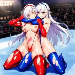 2girls ai_generated azur_lane belfast_(azur_lane) blue_bikini catfight long_hair micro_bikini red_bikini selfcest white_hair wrestler wrestling wrestling_femdom wrestling_ring wrestlingryona
