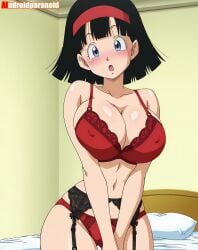 2025 ai_generated aindroidparanoid anime bedroom_background belly black_dot_eyes black_eyebrows black_hair_female blue_eyes_female blushing_at_viewer crunchyroll dragon_ball_super embarrassed_female eyebrows_visible_through_hair female hands_together house_background instagram looking_at_viewer manga meta open_mouth pink_cheeks red_hairband red_lingerie shocked shocked_expression shocked_eyes shocked_face shocked_female shocked_look toei_animation tummy videl_(short_hair)