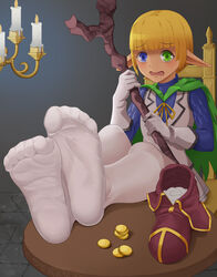 2boys absurd_res blonde_hair clothed clothing crossdressing cum_in_shoe dark_elf elf feet foot_fetish foot_focus hi_res humanoid legwear male male/male male_only mare_bello_fiore overlord_(maruyama) pantyhose solo solo_(artist) stocking_feet stockings teasing yaoi