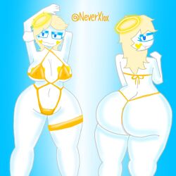 2025 2d 2d_(artwork) 2d_artwork angie_(xxxloxy) artist_logo artist_name bathing_suit big_breasts blonde_hair glowing_eyes halo light-skinned_female original original_character thick_thighs white_body white_eyes yellow_hair