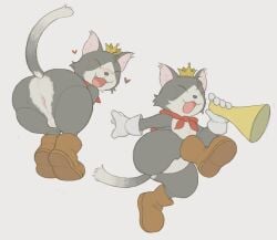 1boy 2025 anthro anus ass backsack balls big_ass big_butt biped blush boots cafongterua cait_sith_(ff7) cape cat-sith celtic_mythology closed_eyes clothing crown cute_fangs digital_media_(artwork) dipstick_tail domestic_cat european_mythology fangs felid feline felis final_fantasy final_fantasy_vii footwear fur genitals headgear heart_symbol male male_only mammal markings megaphone mostly_nude multicolored_body multicolored_fur mythology presenting presenting_hindquarters shoes slightly_chubby slightly_chubby_male smile solo square_enix tail tail_markings teeth thick_thighs