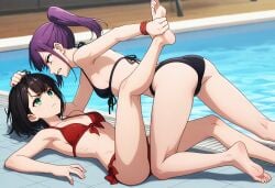 2girls ai_generated breasts catfight female fight friends han_song-yi long_hair pool poolside short_hair slim_girl slim_waist small_breasts solo_leveling sung_jin-ah tagme teenage_girl teenager yuri