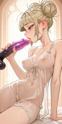 1girls ai_generated bedroom blonde_hair blunt_bangs boku_no_hero_academia covered_navel covered_nipples hair_bun himiko_toga holding_dildo holding_object horny indoors licking_dildo medium_breasts morning my_hero_academia nightgown on_bed perfect_body profile_view purple_dildo saliva saliva_trail see-through sexy silhouette sitting skinny solo yellow_eyes