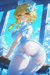 :o absurd_res ai_generated alternate_breast_size alternate_costume arm_support ass ass_focus bent_over blonde_hair blue_sky blush breasts cameltoe cloud cloudy_sky cowboy_shot cross crotch_seam day desk dress female fine_fabric_emphasis flower from_behind from_below garter_belt garter_straps genshin_impact hair_between_eyes hair_flower hair_ornament hairclip hat huge_ass indoors lace-trimmed_panties lace_trim large_breasts leaning_forward light_particles lily_(flower) long_hair looking_at_viewer looking_back lumine_(genshin_impact) medium_breasts medium_hair ministro nurse nurse_cap open_mouth panties panties_under_pantyhose pantyhose pantylines pantyshot paper parted_lips short_dress short_hair_with_long_locks short_sleeves sidelocks sky solo standing sunlight table thick_thighs thigh_gap thighband_pantyhose thighhighs thighs trefoil underwear white_dress white_flower white_garter_straps white_headwear white_panties white_pantyhose white_thighhighs window x_hair_ornament yellow_eyes
