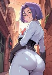 1boy 1femboy 2025 ai_generated alternate_version_available ass balls big_ass blush bulge dispatcher2 femboy feminine_male green_eyes james_(pokemon) male outdoors outside pants pokemon purple_hair team_rocket testicles thick_thighs top topwear twink