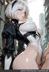1male 1man 2b ai_generated bodysuit breasts dress female medium_breasts nier:_automata onna_exe pussy sexy sexy_pose short_hair standing_missionary standing_sex vaginal_penetration white_hair