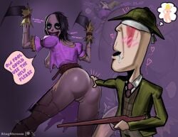 age_difference ass_grab bottomless huntsman_(r.e.p.o.) kingshroom mature_male monster_girl pussy_exposed pussy_juice_drip r.e.p.o. reaper_(r.e.p.o.) scarecrow stuck
