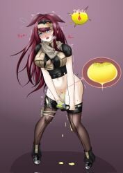 1girls arknights belt_unbuckled black_shorts blush breasts large_breasts long_hair memoire navel open_mouth peeing peeing_in_bottle peeing_into_container pulled_by_self purple_eyes ray_(arknights) shorts shorts_pull solo sweat urine_meter