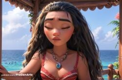 1girls ai_generated artist_name black_hair blue_sky blurry blurry_background bra breasts cleavage closed_eyes cloud collarbone day disney disney_princess facing_viewer forehead hi_res jewelry lingerie lips long_hair medium_breasts moana moana_2 moana_waialiki necklace ocean outdoors progenarts red_bra sky small_breasts solo thick_eyebrows underwear upper_body water watermark web_address