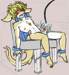 1boy ankle_cuffs anthro apparatus blonde_hair blush bodily_fluids body_hair bukopanda chest_hair clenched_teeth cuff_(restraint) cum cum_inside eyebrow_piercing facial_piercing fish genital_fluids genitals gills hair_over_eye handcuffed handcuffed_to_bed handcuffs hi_res machine male male_only marine metal_cuffs nipple_piercing nipples penis penis_pump piercing pumping_cum restraints shark shark_teeth solo submissive submissive_male teeth yellow_body