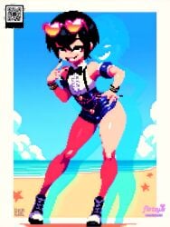 ai_assisted ai_generated beach bikini black_hair bracelet callie_(splatoon day eyewear_on_head female flirtzy.ai hand_on_hip heart-shaped_eyewear jewelry ocean outdoors red_legwear sand short_hair smile solo sunglasses swimsuit tinted_eyewear water