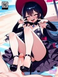 1boy ai_assisted ai_generated armpits bare_shoulders beach black_hair black_nails blush cum day double_v dress earrings erection feet female flirtzy.ai footjob hat high_heels horizon long_hair looking_at_viewer nail_polish ocean open_mouth penis red_eyes smile solo_focus straight toenail_polish toes tongue tongue_out v witch_hat