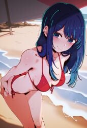 ass_focus ass_view beach bikini blue_eyes blue_hair blush kurokawa_akane long_hair oshi_no_ko red_bikini smile swimsuit