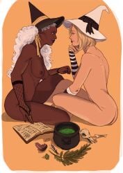 2girls agreeablepossum arm_warmers bedroom_eyes blonde_hair blue_eyes breasts cauldron chocolate_and_vanilla dark-skinned_female dark_skin emma_frost eye_contact female female_only grimoire halloween higher_resolution_available higher_resolution_duplicate human human_only interracial interracial_yuri lesbian_focus light-skinned_female light_skin longing_eyes marvel marvel_comics multiple_girls nipples nude nude_female ororo_munroe potion skull storm_(x-men) white_hair white_queen witch witch_hat witchcraft x-men yuri yuri