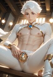 1boy ai_generated cape chastity_cage chastity_device femboy hero male male_only nice rcos solo solo_focus solo_male superhero to_be_hero_x twink white_hair white_skin yaoi