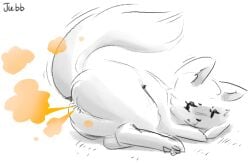2023 annoyed anus artist_name ass barely_visible_anus black_nose canid canine eyebrows eyelashes fart fart_cloud female feral fluffy fluffy_tail fox head_on_hand jubb looking_back lying mammal motion_lines on_side orange_fart_cloud pawpads raised_tail simple_background solo tail text white_background woken_up