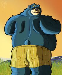 2024 absurd_res animal_crossing anthro ass balls_outline bear belly big_belly blue_body blue_fur bottomwear boxers_(clothing) bulge bulge_from_behind clothed clothing detailed_bulge digital_drawing_(artwork) digital_media_(artwork) facial_scar fur genital_outline gorochuinboxers groucho_(animal_crossing) hi_res looking_back male mammal nintendo obese overweight overweight_anthro overweight_male rear_view scar solo tail teeth underwear underwear_only yellow_boxers yellow_clothing yellow_underwear