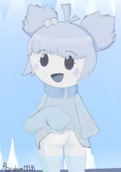 ass blue_dress blue_hair bottomless clothes_lift cute elementibox female from_behind highres incredibox_cool_as_ice incredibox_mod lashila_reeves looking_at_viewer looking_back no_panties open_mouth showing_ass traced white_skin