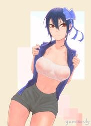 1girls 2021 belly belly_button big_breasts blue_hair blush breasts denim_shorts female female_only hi_res high_resolution highres looking_at_viewer navel nipples nipples_visible_through_clothing nisekoi open_clothes pink_background red_eyes short_hair shorts simple_background standing thick_thighs thighs tomboy tsugumi_seishirou watermark yamisouls