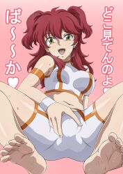 breasts female female_pervert freckles freckles_on_face ginger gundam_00 japanese_text large_breasts nena_trinity offering_sex pale-skinned_female pale_skin red_hair stud_earrings sweat sweatdrop sweating sweaty twintails villainess yellow_eyes