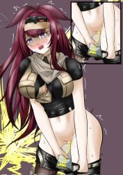1girls arknights belt_unbuckled black_shorts blush breasts close-up close-up_pussy large_breasts long_hair memoire navel open_mouth peeing peeing_in_bottle peeing_into_container pulled_by_self purple_eyes pussy ray_(arknights) shorts shorts_pull solo sweat