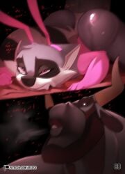 2025 absurd_res anal anal_sex ann_coon_(hgoldenbell) anthro anthro_on_anthro anthro_penetrated anthro_penetrating anthro_penetrating_anthro argosornstein armwear ass beard black_body black_fur black_nose bodily_fluids bovid bovine breasts bunny_costume cattle clothing comic costume dialogue duo elbow_gloves english_text facial_hair fake_ears fake_rabbit_ears fangs female female_penetrated fingers fur genitals gloves grey_body grey_fur handwear hercules_(argosornstein) hi_res horn larger_male lipstick makeup male male/female male_penetrating male_penetrating_female mammal muscular muscular_anthro muscular_male nude nude_anthro nude_male page_number penetration penile penile_penetration penis penis_in_ass procyonid raccoon sex size_difference smaller_female smaller_penetrated tears teeth text tongue url