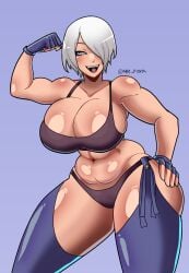 1girls angel_(kof) arm_up ass belly belly_button big_ass big_breasts big_butt blue_eyes breasts fangs female fighting_game gloves hand_on_hip huge_ass huge_breasts huge_thighs kof light-skinned_female light_skin looking_at_viewer mr_foxy15 muscle_mommy muscles muscular muscular_female short_hair smile snk the_king_of_fighters thong tight_clothing tongue topwear video_games white_hair