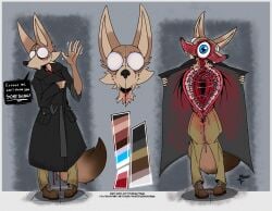 ambiguous_gender big_eyes big_teeth blood bodily_fluids body_horror canid canine chest_mouth clothing coat doppleganger drooling fennec_fox fox gore guro hi_res mammal masterzoroark666 mimic mimic_creature model_sheet saliva slim speech_bubble split_chest split_head teeth topwear true_fox vertical_mouth why? wtf