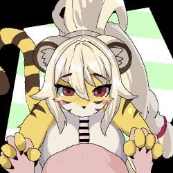 1:1 animated anthro bodily_fluids breasts canid canine cum cum_in_mouth cum_inside digital_media_(artwork) felid fellatio female furry genital_fluids genitals hair kemono long_hair looking_at_viewer low_res male male/female mammal oral orgasm pantherine penile penis sex short_playtime simple_background sky_necko solo tail tiger tora-chan_(kim_3022)