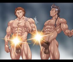 2boys 41raco abs bara braid brown_hair censored chest_hair completely_nude dark-skinned_male dark_skin deliford erection feet_out_of_frame granblue_fantasy grey_hair head_tilt highres kirupi large_pectorals leg_hair long_hair long_sideburns male_focus male_only male_pubic_hair mature_male multiple_boys muscular muscular_male navel navel_hair nipples nude old old_man pectorals pubic_hair short_hair sideburns single_braid smile spiked_hair star_censor stomach thick_thighs thighs yngwie