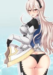 1girls ass ass_cleavage back_view bare_thighs big_ass black_panties blue_background breasts butt_crack cape clothes_lift corrin_(fire_emblem) corrin_(fire_emblem)_(female) female_only fire_emblem fire_emblem_fates hair_between_eyes hairband inner_thighs lifted_by_self looking_at_viewer looking_back medium_breasts nintendo panties pointy_ears presenting presenting_hindquarters pussy_juice red_eyes smile solo suzuka_iz sweat thighs wet_pussy