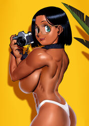 1girls arung_samudra_(cessa) black_eyes black_hair camera cessa dark-skinned_female dark_skin glasses green_eyes huge_breasts looking_at_viewer muscular naked naked_panties panties short_hair sideboob smile