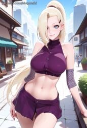 1girl ai_generated arm_support bare_shoulders blonde_hair blue_eyes blue_sky cowboy_shot crop_top day earrings female fishnets hair_over_one_eye hairclip high_ponytail ino_yamanaka long_hair looking_at_viewer medium_breasts midriff mugenshi naruto naruto_(series) naruto_shippuden outdoors patreon_username reward_available self_upload skirt sky smile solo standing stomach