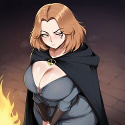 ai_generated big_breasts black_cloak breasts brown_hair cleavage crowai elden_ring eye_tattoo female fromsoftware melina_(elden_ring) one_eye_closed tattoo yellow_eyes