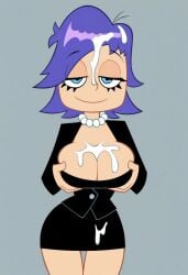 ai_generated big_breasts blue_eyes blue_hair breasts business_suit cartoon_network cleavage covered_in_cum cum curvy female hi_hi_puffy_amiyumi looking_at_viewer pearl_necklace smile wide_hips yumi yumi_yoshimura
