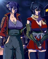2girls angry bandages bare_shoulders black_hair blue_hair breasts cleavage closed_mouth cloud collarbone crossover female female_focus fingerless_gloves gloves gutsbro14 highres hitomi-chan_wa_hitomishiri hitomi_takano japanese_clothes kimono large_breasts long_hair manyuu_chifusa manyuu_hikenchou multiple_girls night ninja ponytail red_eyes samurai scarf serious standing sword teeth thighhighs thighs tomboy weapon yellow_eyes
