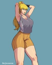 1girls artist_name big_breasts blonde_hair dejovanna hair_tie hair_tie_in_mouth long_hair looking_at_another no_sex oc original original_character sfw shorts tank_top thicc thicc_thighs thick_thighs tying_hair watermark yellow_eyes